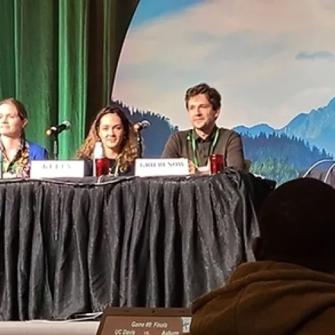 Zachary Griebelow (right) captained the UC Davis Entomology Games team that won the national championship at the 2022 Entomological Society of America meeting, held in Vancouver, British Columbia. With him (from left) are doctoral candidates Madison Hendrick, Jill Oberski and Erin "Taylor" Kelly. (Photo by Geoffrey Attardo, UC Davis faculty)