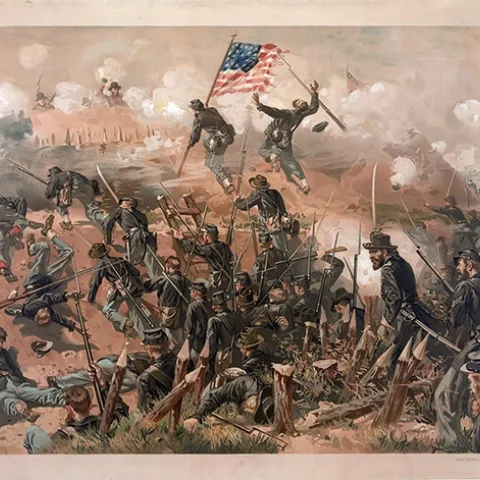 This work, "The Siege of Vicksburg--Assault on Fort Hill," is by Swedish-born American illustrator Thure de Thulstrup (1848-1930), whom his contemporary critics considered "the foremost military artist in America." (Image courtesy of Wikipedia)