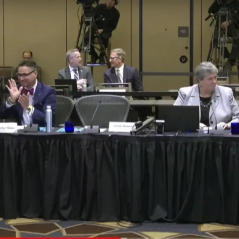 From left: Central Valley Community Foundation President & CEO Ashley Swearengin, UC Merced Chancellor Juan Sánchez Muñoz, UC Vice President for Agriculture and Natural Resources Glenda Humiston, and UC Executive Vice President & Chief Financial Officer Nathan Brostrom thank the Regents for approving the formation of F3 Innovate.