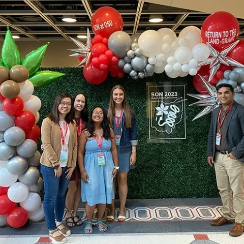 The UC Davis Shahid Siddique lab excelled at the international Society of Nematologists' 62nd annual meeting, held in Columbus, Ohio. Pictured with Siddique are doctoral students in his lab. From left are Ching-Jung Lin, Veronica Casey, Pallavi Shakya and Alison Coomer Blundell, all award winners.