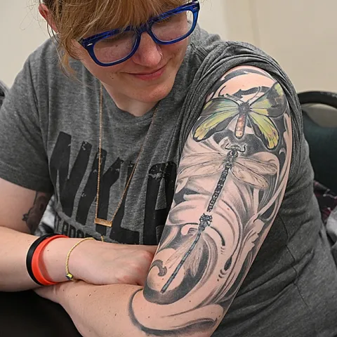 Anna Garrison's arm art: a tattoo of Cordulegaster diadema, aka Apache spiketail. The Sacramento resident is the daughter of noted dragonfly expert Rosser Garrison. (Photo by Kathy Keatley Garvey)