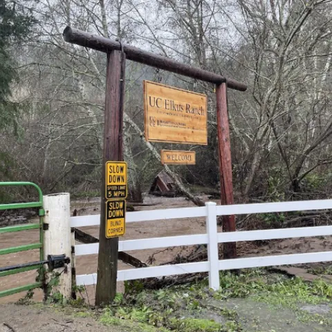 Muddy brown waters flow behind the sign welcoming visitors to Elkus Ranch.
