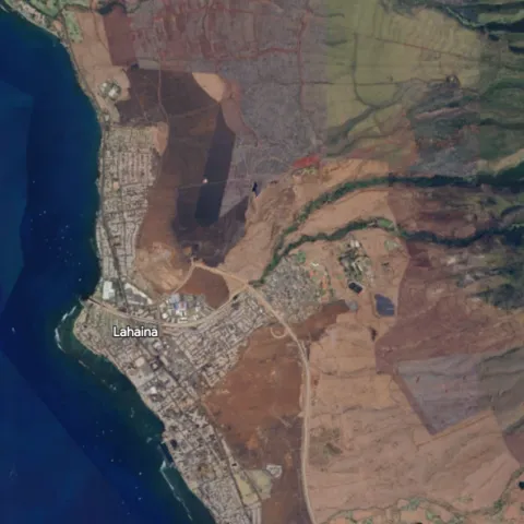 Google Earth Map, Lahaina, Maui, Hawaii, USA—20°52’02”N, 156°40’27W. Retrieved 9/9/2023, one month after the Maui fire destroyed most of Lahaina.