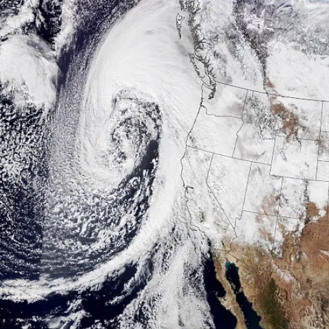 An atmospheric river lashes California in 2023. (Photo: NASA)
