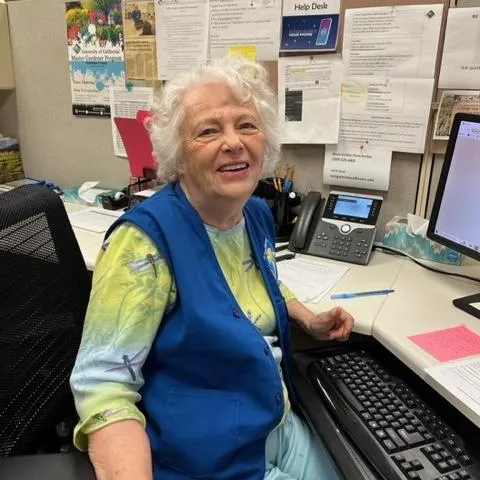 Author sitting at a desk, wearing a blue vest, smiling.