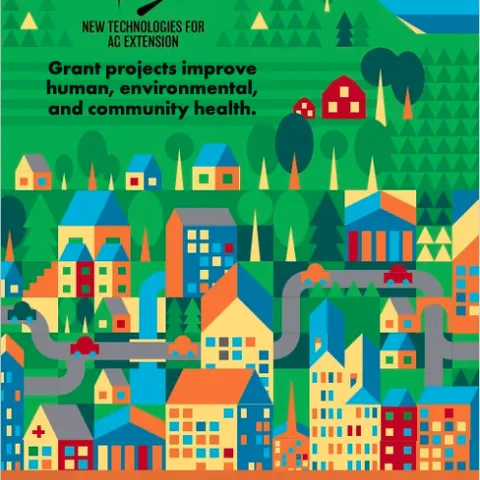 Colorful illustration of report cover: Grant projects improve human, environmental and community health.