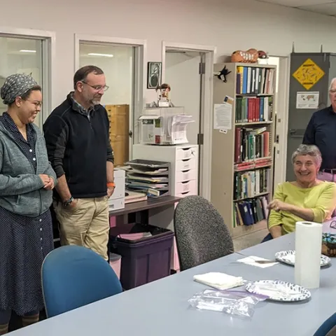 Professor (and now retiree) Lynn Kimsey (seated), former director of the Bohart Museum of Entomology, is honored at a birthday celebration on Feb. 1. With her from left are doctoral student Iris Quayle of the Bond lab; Professor Jason Bond, newly selected director of the Bohart Museum; and entomology researcher Tom Zavortink of the Bohart. (Photo by Tabatha Yang)