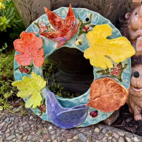 My wreath with leaves molded from Karen’s garden. photos by Cindy Yee