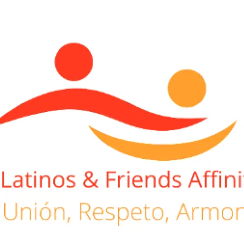 Uc ANR Latinos & Friends Affinity Group - union, respeto, armonia. Abstract graphics in red and orange appear to show 2 images with arms around each other's shoulder.