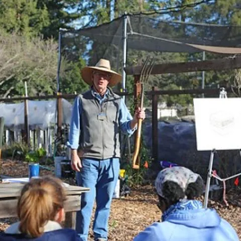 UC Master Gardener Greg Letts demonstrates various tools used to garden.