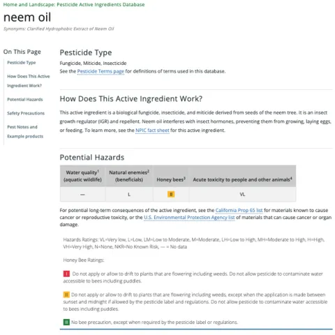 Information on the pesticide active ingredient neem oil. From the UC IPM Pesticide Active Ingredient Database.