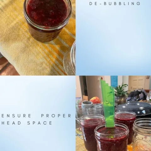 Filled jam jars with de-bubber tool inserted.