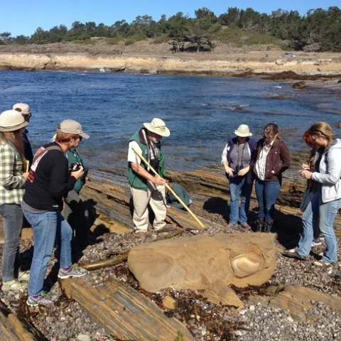Eight people gather around Clifton as he points to fossils with a pole.