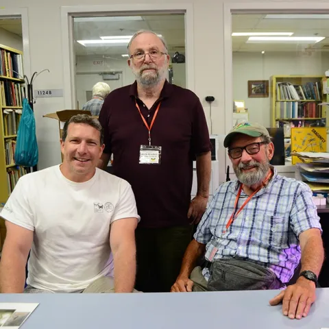 These three entomologists were trained directly or indirectly by Jerry Powell (1933-2023) of UC Berkeley. From left are Dan Rubinoff, John De Benedictus and Paul Opler (1938-2023) at a gathering of lepidopterists in 2019 at the Bohart Museum of Entomology. Powell and Paul Opler (1938-2023) co-authored Moths of Western America, published in 2009. (Photo by Kathy Keatley Garvey)
