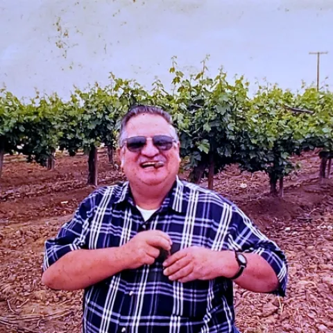 Luvisi, wearing a plaid shirt, stands, grinning, in a vineyard.