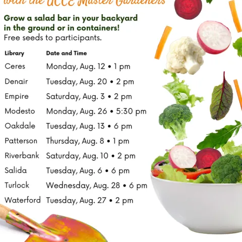 Date	Time	Branch
8/3 Sat	2:00 pm	Empire
8/6 Tue	6:00 pm	Salida
8/8 Thurs	1:00 pm	Patterson
8/10 Sat	2:00 pm	Riverbank
8/12 Mon	1:00 pm	Ceres
8/13 Tue	6:00 pm	Oakdale
8/20 Tues	2:00 pm	Denair
8/26 Mon	5:30 pm	Modesto
8/27 Tues	2:00 pm	Waterford
8/28 Wed	6:00 pm	Turlock