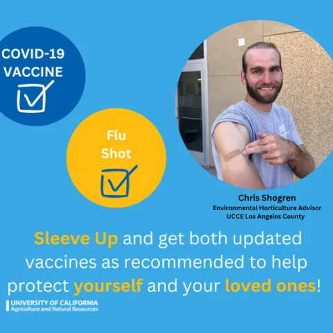 Chris points to a bandage on his biceps. Image reads: "COVID-19 vaccine" with a check box and "Flu shot" with a check box. "Sleeve up and get both updated vaccines as recommended to help protect yourself and your loved ones!