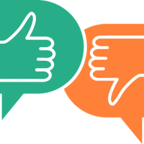 Green thought bubble with a thumbs up and orange thought bubble with a thumbs down.