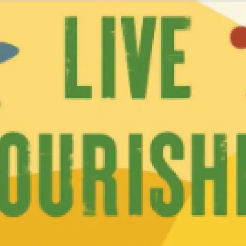 yellow background with flowers and plant animations with the words Live Nourished in green