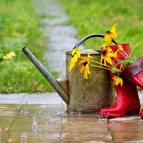 watering can with red boots that hold some black eyed Susans in the rain