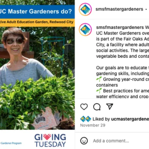 Two women pose with plants. "What do UC Master Gardeners do? Fair Oaks Active Adult Education Garden, Redwood City."