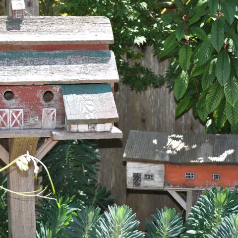 Rustic birdhouses in a garden