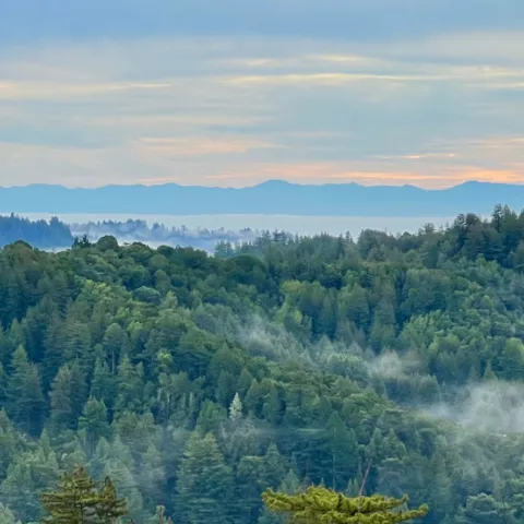 A view of Monterey Bay toward Monterey and Pacific Grove from the mountains of Santa Cruz County