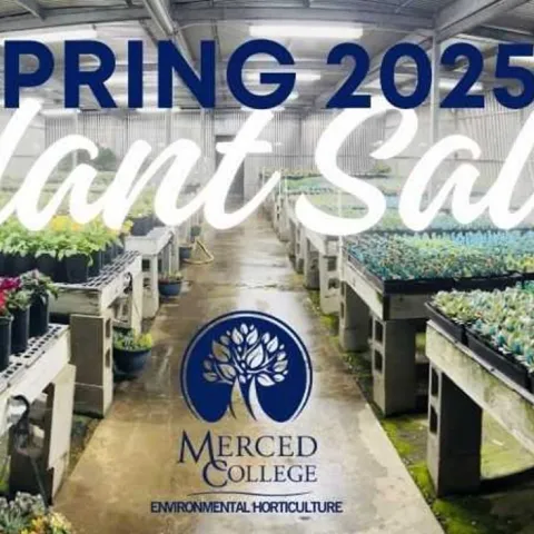 rows of plants displayed on plant tables at Merced College
