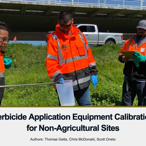 Four men in weedy area. One is holding a measuring container while another sprays liquid into it from a wand attached to a backpack sprayer. A third person holds a clipboard and the furth holds a stopwatch.