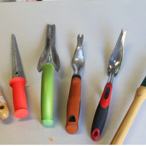 A variety of short-handled tools.