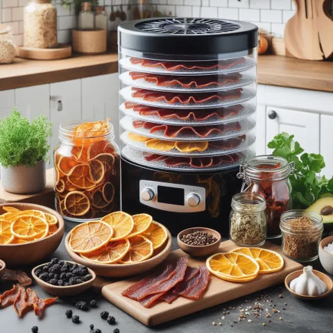 Meat, fruit, vegetables with dehydrator in kitchen