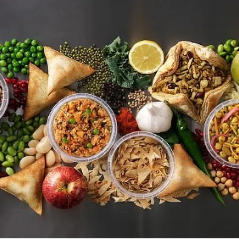 Variety of fruits, vegetables and grains displayed on a table