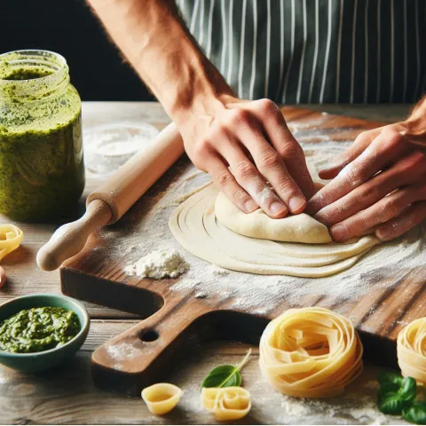 Hands making pasta dough with jar of peston on the side