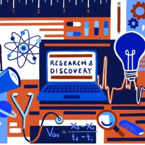 a variety of scientific instruments surround the words "research and discovery"