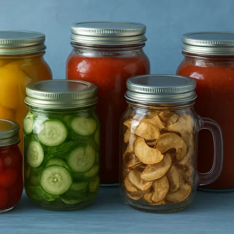 jars of preserved veggies & fruit on a blue background 