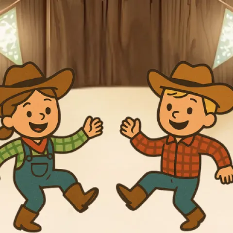 Kids in boots in cowboy hats dancing