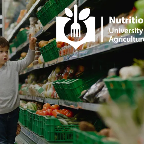 A mother and her young son pick out produce in the grocery store produce aisle. The Nutrition Policy Institute logo is included.