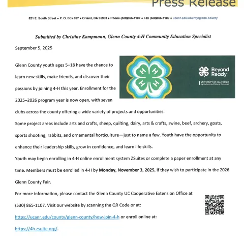 Press Release 4-H Enrollment 2025-2026