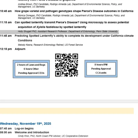 Agenda for UCCE Sonoma 2025 North Coast Virtual IPM Seminar