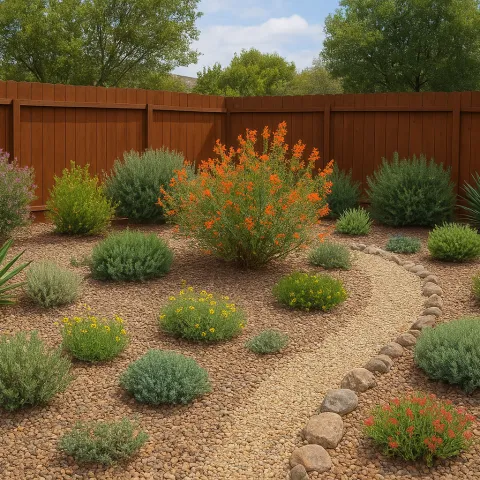 backyard garden with well spaced plants and non-flammable mulch