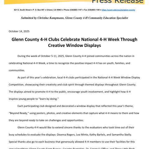 Glenn County 4-H 2025 Window Display Press Release