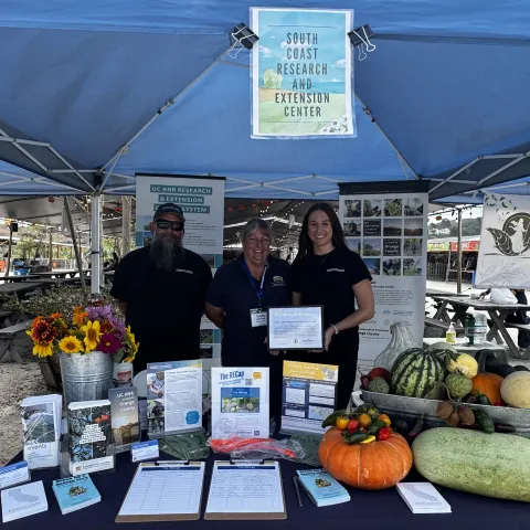 Three people stand under a tent behind a display table