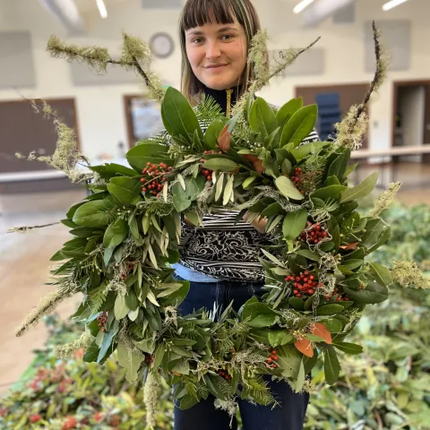 A beautiful seasonal wreath made at the UC Hopland REC Wreath Workshop