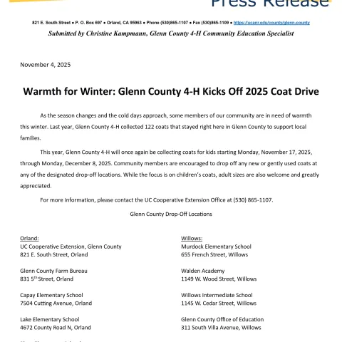 Glenn County 4-H Coats for Kids Press Release 2025