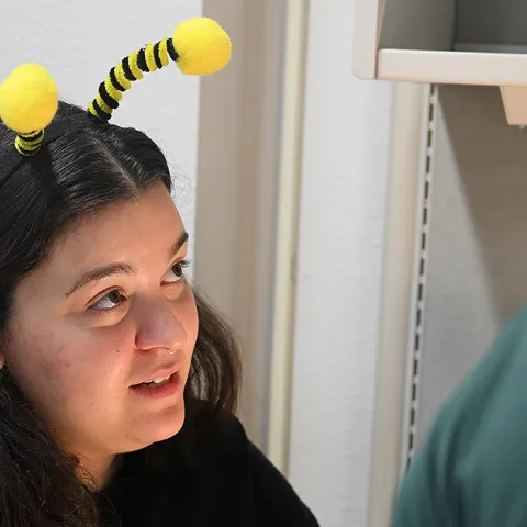 UC Davis doctoral candidate answering questions about bees at a recent Bohart Museum of Entomology open house. (Photo by Kathy Keatley Garvey)