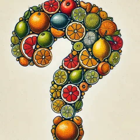 Question mark comprised of fruit collage