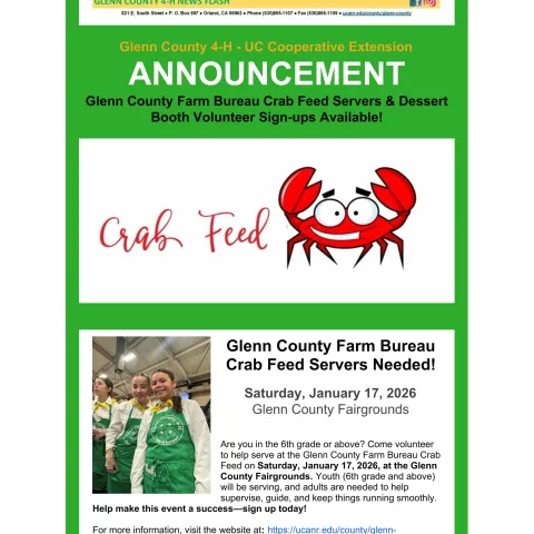 Farm Bureau Crab Feed News Flash Announcement for Servers & Dessert Booth 12.5.2025