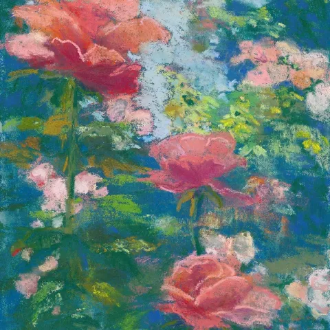 pastel drawing of roses in garden