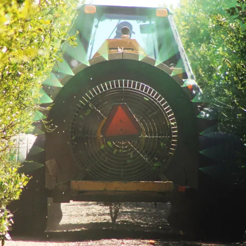 A sprayer discharging spray onto tree canopies