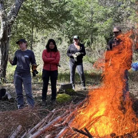 Folks standing around a pile burn